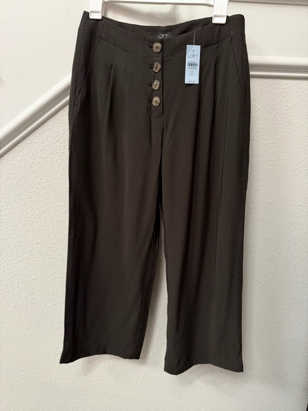 Loft Pants Women 6 Petite Green High Waist Button Fly Wide Leg Pleated Crop NWT
